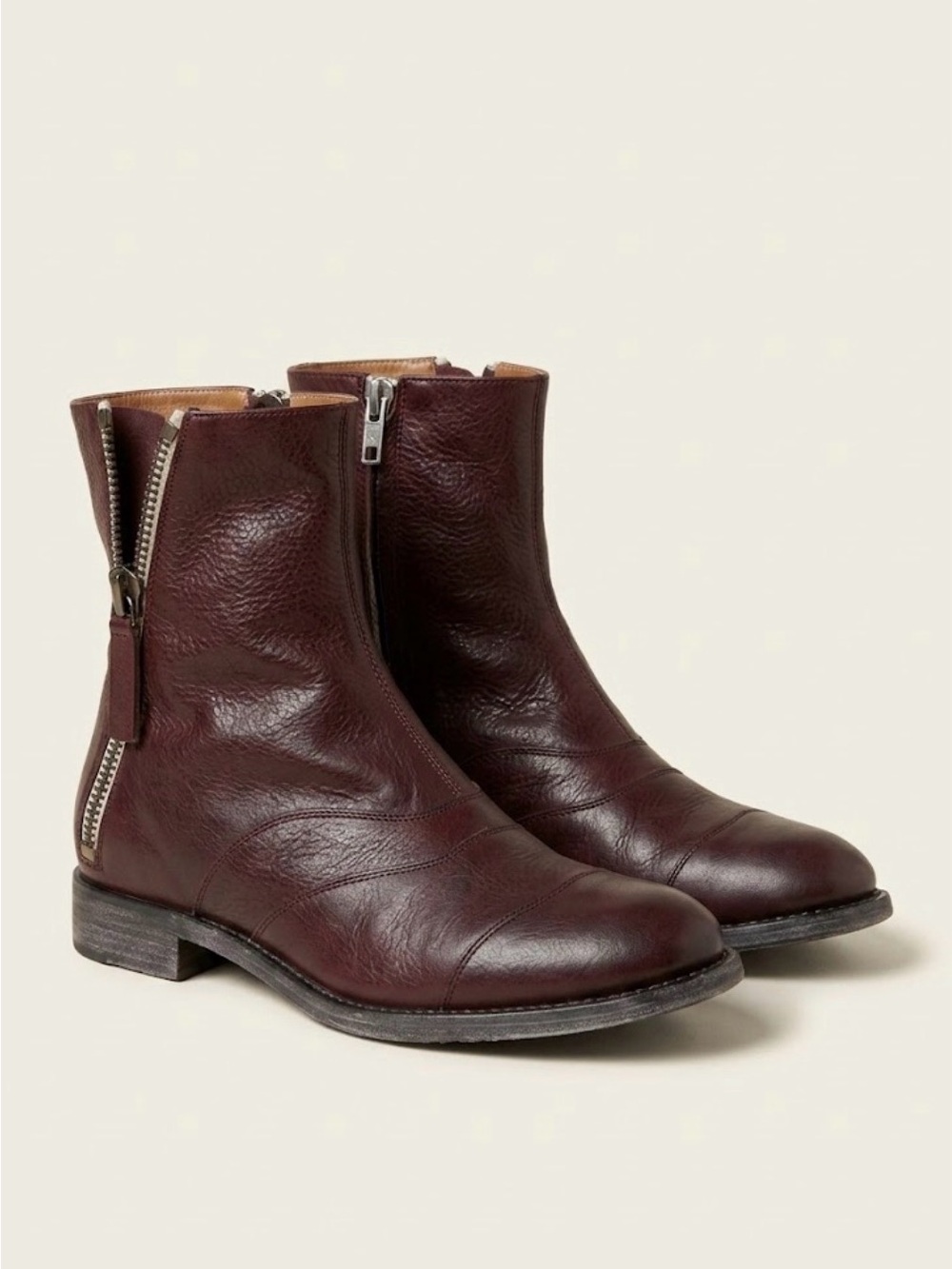 Chloe Lexie Burgundy Leather Double Zip Moto Ankle Boots Cap Toe Size 40.5